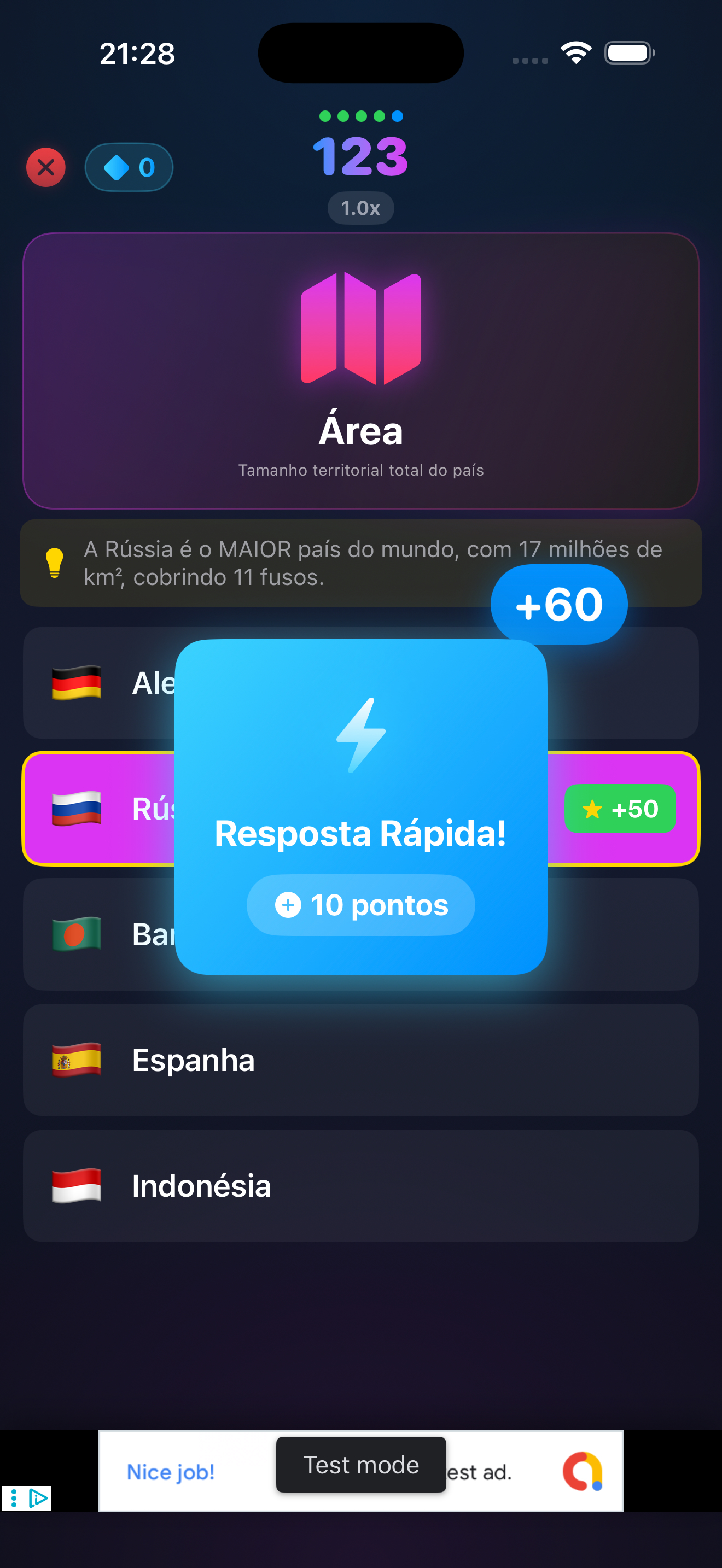 Earth Quiz speed bonus feature showing +10 KP reward for fast answers under 5 seconds